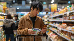 Mann in brauner Jacke im Supermarkt liest sorgfältig Nährwertangaben auf Lebensmittelverpackung während er sein Smartphone verwendet, um Informationen zu überprüfen