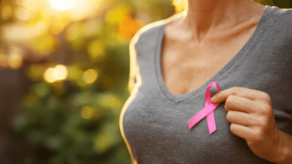 Frau in grauem Oberteil hält rosa Brustkrebs-Bewusstseins-Schleife im Freien mit weichem Bokeh-Hintergrund