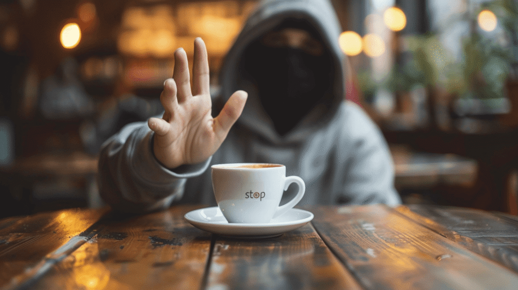 Person in grauem Hoodie hält abwehrend die Hand hoch vor weißer Kaffeetasse mit 'stop' Aufschrift auf Holztisch in warmem Café-Ambiente