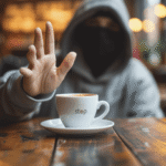 Person in grauem Hoodie hält abwehrend die Hand hoch vor weißer Kaffeetasse mit 'stop' Aufschrift auf Holztisch in warmem Café-Ambiente