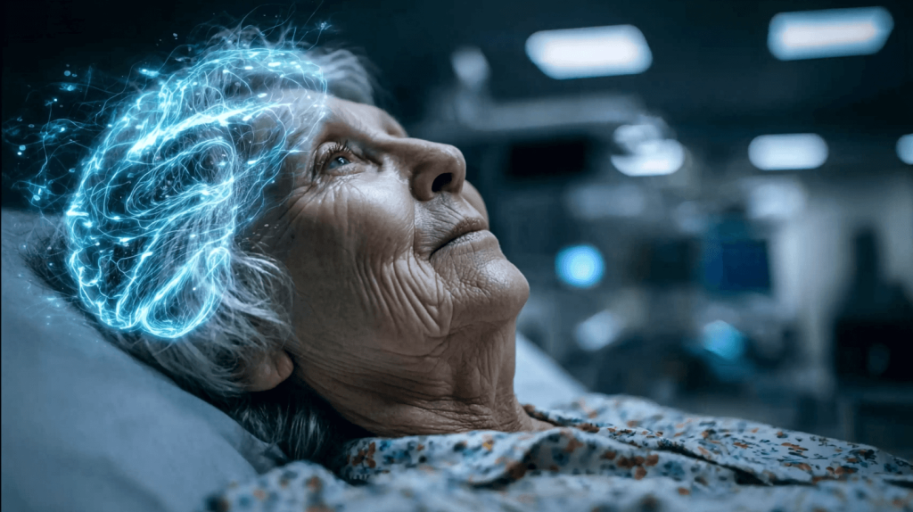 Ältere Frau mit holographischer Gehirn-Visualisierung - Alzheimer-Forschung und neurodegenerative Erkrankungen