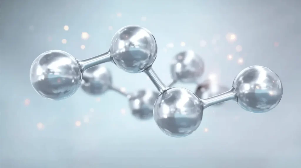 3D-Darstellung der AMPK-Enzym Molekülstruktur - silberne Atome symbolisieren das AMP-aktivierte Proteinkinase-Enzym für zelluläre Energieregulation