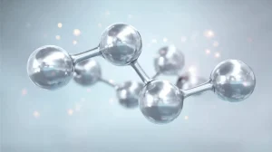 3D-Darstellung der AMPK-Enzym Molekülstruktur - silberne Atome symbolisieren das AMP-aktivierte Proteinkinase-Enzym für zelluläre Energieregulation