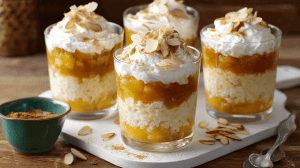 Geschichtetes Apfel-Milchreis-Dessert in Gläsern mit Schichten aus cremigem Milchreis und Apfelkompott, gekrönt mit Schlagsahne und gerösteten Mandeln, Zimtpulver-Garnitur, vier Gläser auf weißem Marmortablett, türkise Schale mit Zimt, rustikaler Holztisch