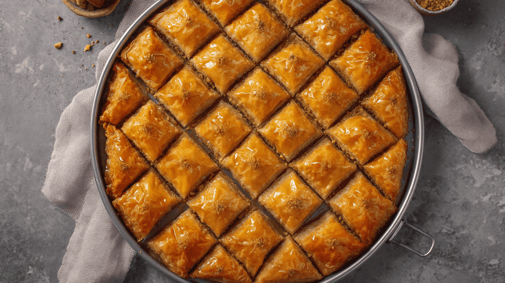 Kalorienarme Baklava in runder Backform mit Rautenschnitt, goldbraun gebacken und mit Honigsirup glasiert, garniert mit Pistazien, auf grauem Hintergrund mit beigem Leinentuch, kleine Schale mit gehackten Pistazien im Hintergrund