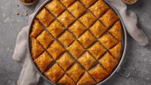 Kalorienarme Baklava in runder Backform mit Rautenschnitt, goldbraun gebacken und mit Honigsirup glasiert, garniert mit Pistazien, auf grauem Hintergrund mit beigem Leinentuch, kleine Schale mit gehackten Pistazien im Hintergrund