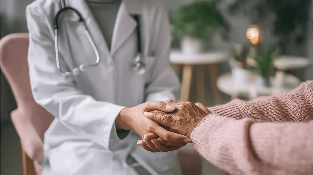 Ärztin hält empathisch Hand einer Patientin bei Brustkrebsvorsorge-Beratung - vertrauensvolle Arzt-Patienten-Beziehung im medizinischen Gespräch