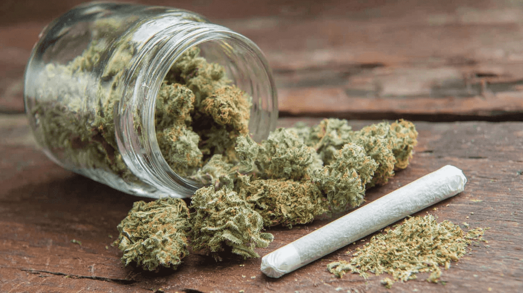 Cannabis Buds im umgekippten Glas mit fertig gedrehtem Joint auf Holztisch - Gesundheitsrisiken und Aufklärung über Cannabiskonsum