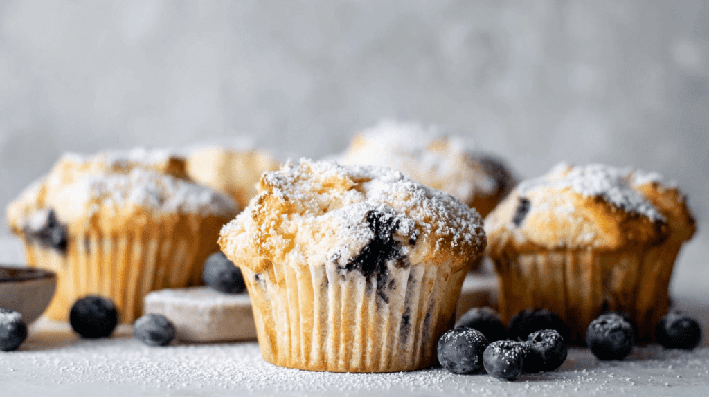 Goldbraune kalorienarme Cheesecake-Muffins mit Puderzucker bestäubt in beigen Papierförmchen, auf grauer Oberfläche arrangiert mit vereinzelten Blaubeeren, weicher Fokus im Hintergrund
