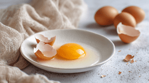 Frisch aufgeschlagenes Ei mit orangegelbem Eigelb in weißer Schale, Eierschalen und braune Eier im Hintergrund auf hellem Untergrund - Cholesterin in Eiern