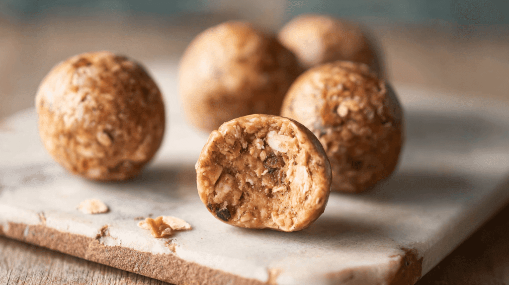 Kalorienarme Energy Balls ohne Datteln mit Haferflocken und Erdnussbutter auf rustikalem Holzbrett, einer halbiert