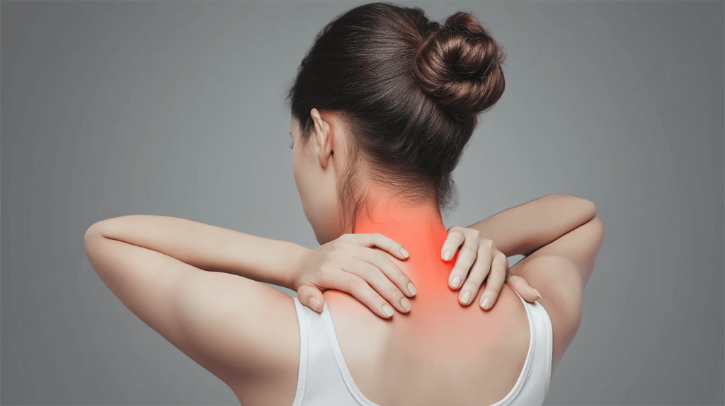 Frau fasst sich an schmerzenden Nacken und Schulter - typische Symptome von Fibromyalgie mit chronischen Muskelschmerzen