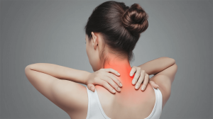 Frau fasst sich an schmerzenden Nacken und Schulter - typische Symptome von Fibromyalgie mit chronischen Muskelschmerzen