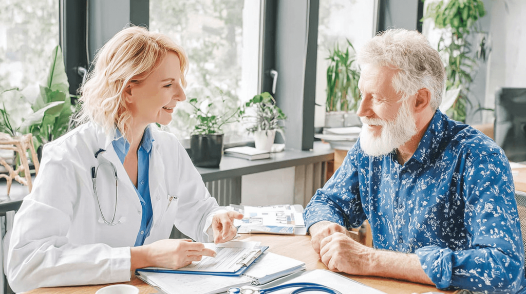 Ernährungsberatung Arzt: Ärztin berät Patient in Praxis - Kompetente Gesundheitsberatung