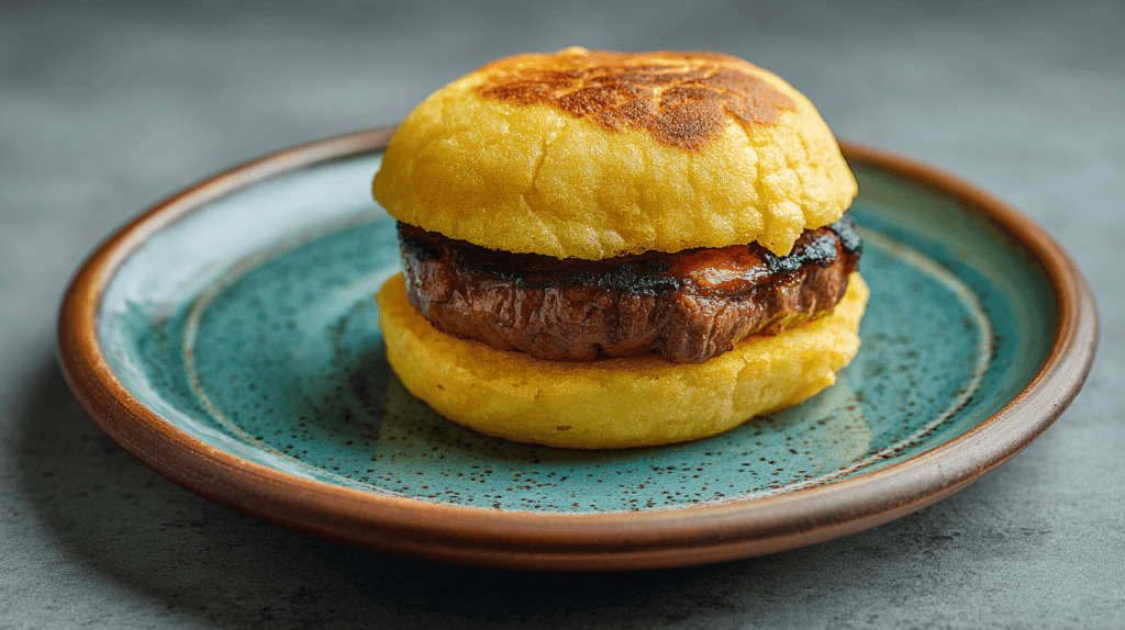 Premium Rindfleisch-Burger auf Pão de Queijo Brötchen, Fleischqualität Deutschland, nachhaltiger Fleischkonsum, Gourmet-Burger