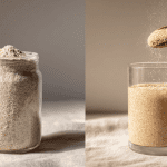 Flohsamenschalen vor und nach dem Quellen: Glas mit trockenen Psyllium-Schalen und Glas mit aufgequollenem Gel-Drink