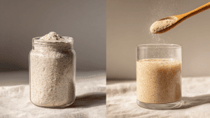 Flohsamenschalen vor und nach dem Quellen: Glas mit trockenen Psyllium-Schalen und Glas mit aufgequollenem Gel-Drink