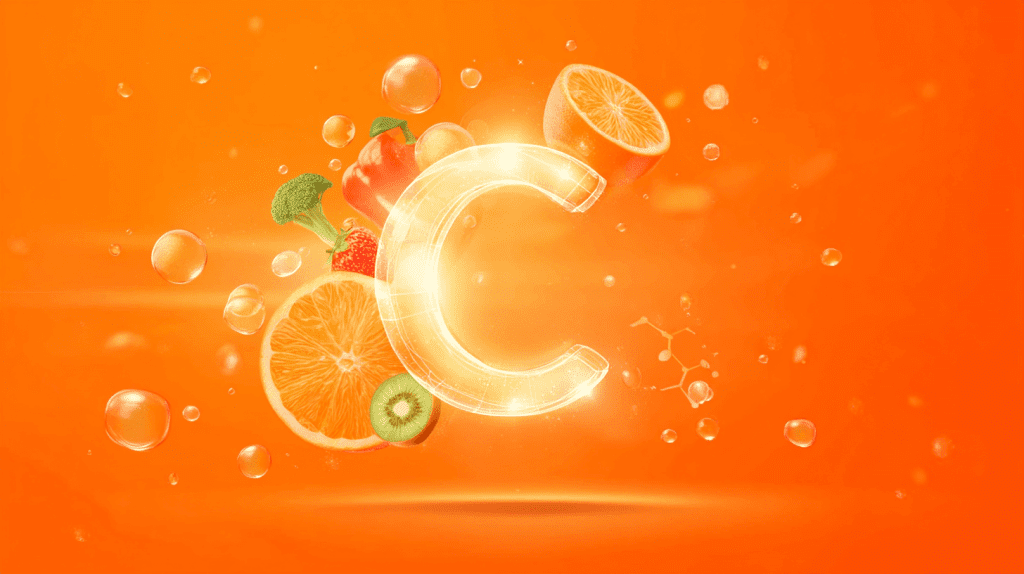 Gemüse mit Vitamin C - Leuchtendes Vitamin C Symbol mit Paprika, Brokkoli, Orange und Erdbeere
