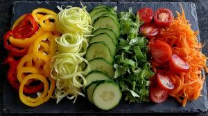 Gemüse geschnitten: Frisch geschnittene Karotten, Gurken, Paprika und Salat - Was Sie über Endotoxine wissen sollten