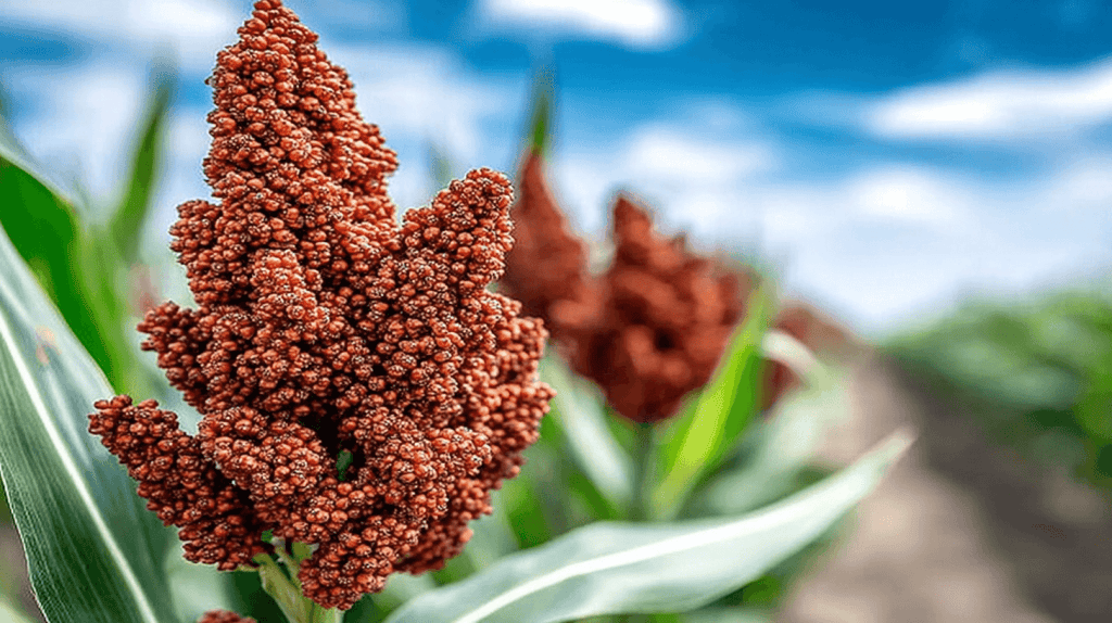 Glutenfreies Getreide Sorghum auf dem Feld - rote Sorghum-Rispen als Alternative zu Weizen