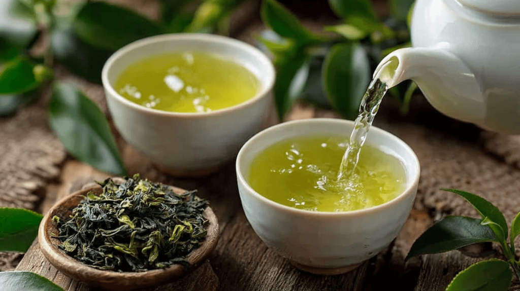 Grüner Tee Wirkung: Frischer grüner Tee wird aufgegossen - L-Theanin für Alpha-Wellen und Entspannung
