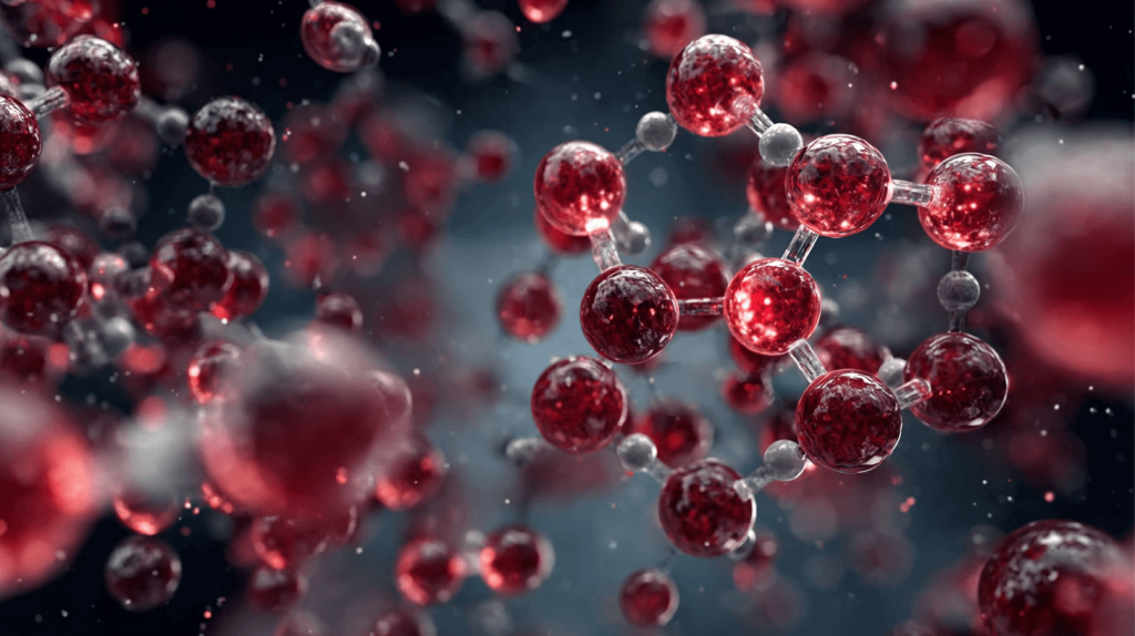 Häm-Eisen Molekülstruktur: 3D Visualisierung der Eisenatome im Porphyrin-Ring