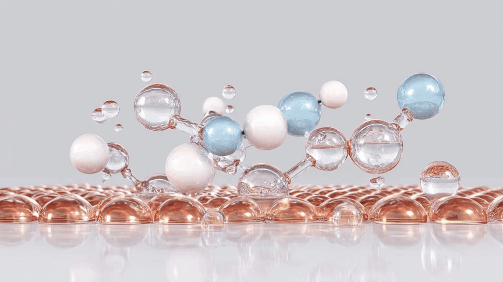 Hyaluronsäure-Molekül schwebt über Hautoberfläche mit Wassertropfen und Zellstruktur - Hautpflege-Wirkstoffe