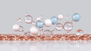 Hyaluronsäure-Molekül schwebt über Hautoberfläche mit Wassertropfen und Zellstruktur - Hautpflege-Wirkstoffe