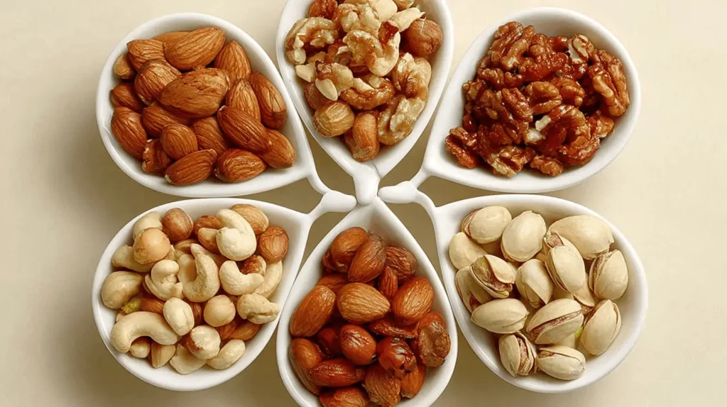 Verschiedene Nusssorten in weißen Schalen zur natürlichen Cholesterinsenkung: Walnüsse, Mandeln, Cashews, Haselnüsse für gesunde Herzfunktion