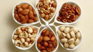 Verschiedene Nusssorten in weißen Schalen zur natürlichen Cholesterinsenkung: Walnüsse, Mandeln, Cashews, Haselnüsse für gesunde Herzfunktion