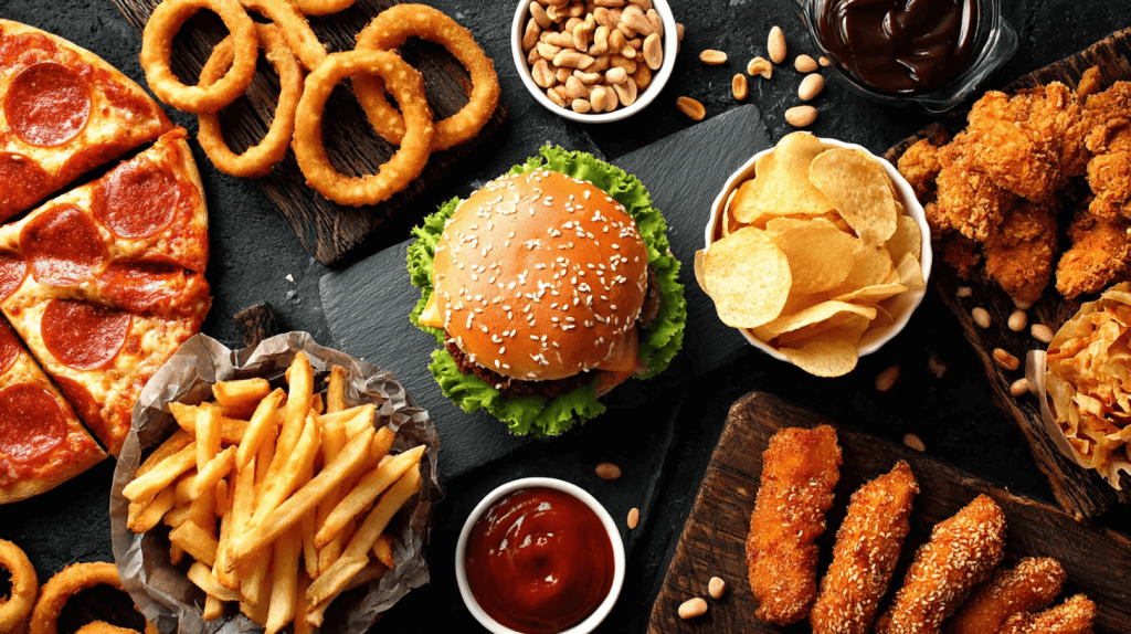Verschiedene Fast-Food-Gerichte von oben fotografiert: Pizza, Burger, Pommes, Zwiebelringe und Snacks auf dunklem Schiefer