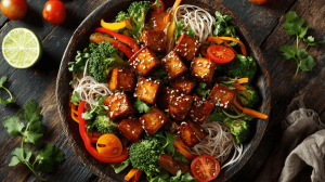 Vegetarische Ernährung Bowl mit Tofu, Brokkoli, Karotten und Paprika auf Nudeln
