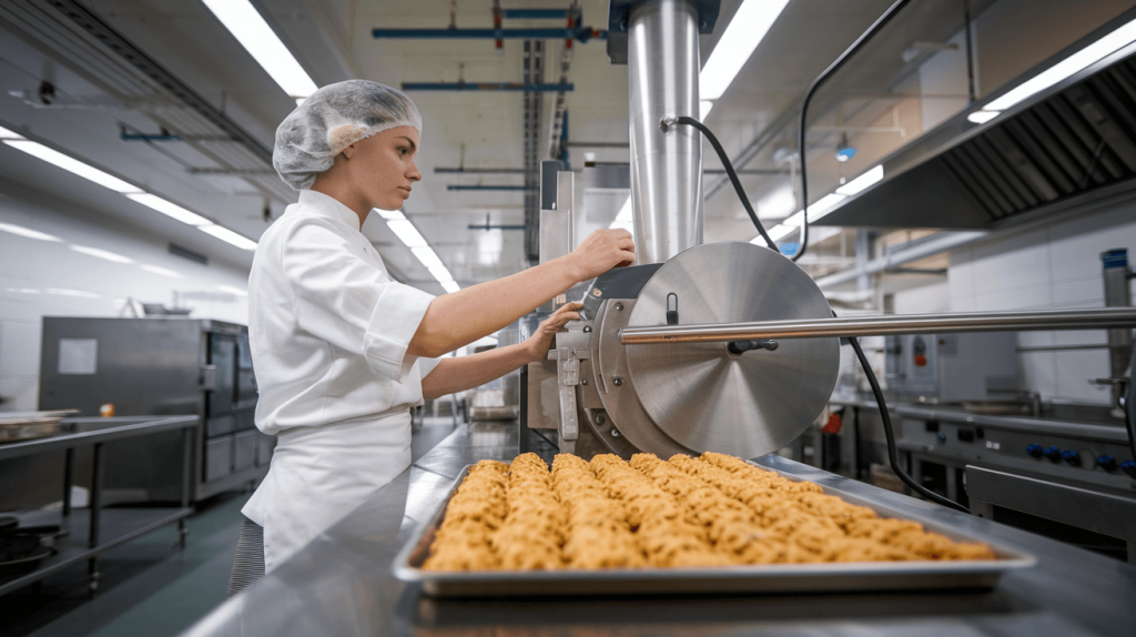 Industrielle Lebensmittelverarbeitung: Koch bedient Maschine zur Herstellung verarbeiteter Lebensmittel in professioneller Großküche mit Edelstahlgeräten