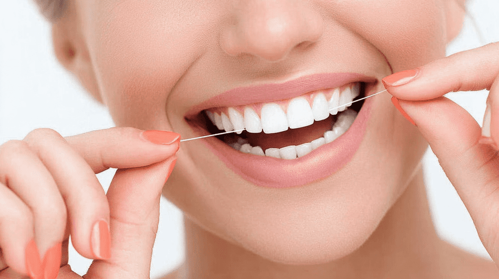 Frau verwendet Zahnseide zwischen weißen Zähnen - Richtige Anwendung für optimale Zahnhygiene