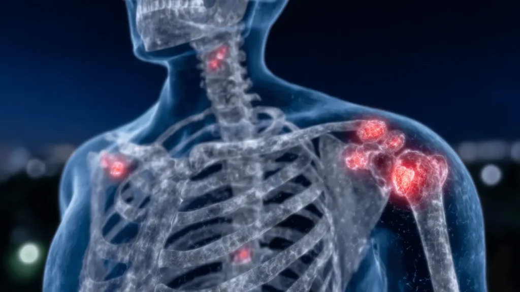 Medizinische 3D-Darstellung der Behandlung von Arthrose: Transparente Körpervisualisierung mit entzündeten Gelenken in Schulter, Ellbogen, Hüfte und Knie