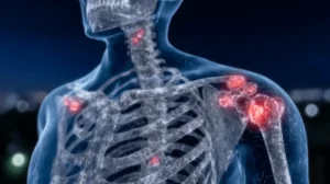 Medizinische 3D-Darstellung der Behandlung von Arthrose: Transparente Körpervisualisierung mit entzündeten Gelenken in Schulter, Ellbogen, Hüfte und Knie