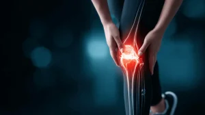 Arthrose im Knie: Medizinische Visualisierung zeigt schmerzendes Kniegelenk mit leuchtender Skelettstruktur, Person greift an entzündetes Knie