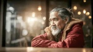 Würdevoll alternder Mann mit grauem Haar in warmem Café-Licht – Symbol für länger leben durch gesunden Lebensstil und natürliches Altern