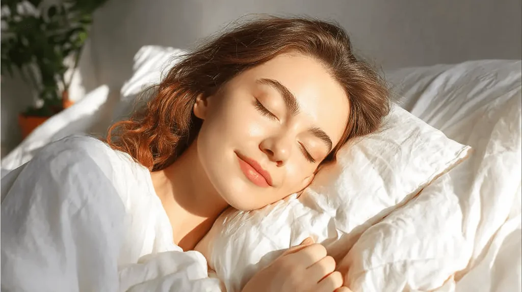 Gesunder Schlaf für Gehirngesundheit: Junge Frau im Tiefschlaf auf weißem Kissen - optimale Schlafdauer aktiviert glymphatisches Reinigungssystem