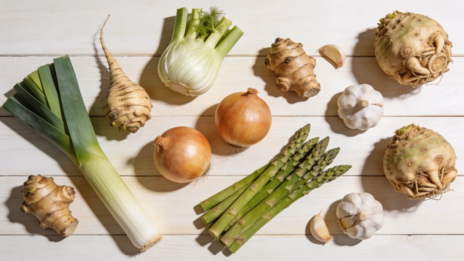 Ballaststoffreiches Präbiotika-Gemüse wie Lauch, Zwiebeln, Knoblauch und Spargel auf hellem Holztisch