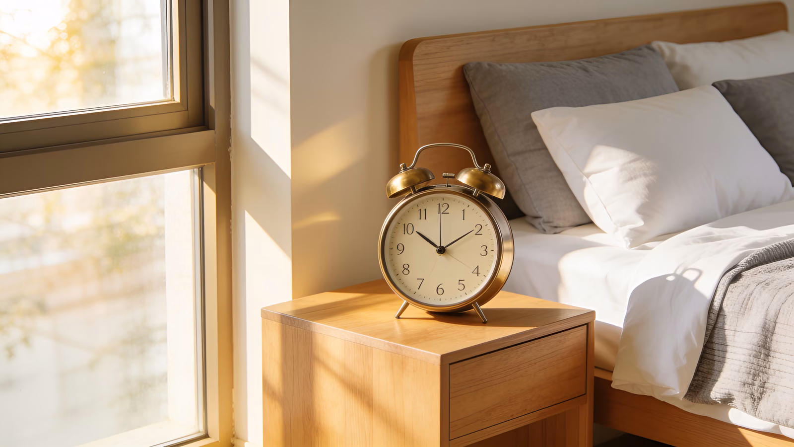 Wecker auf einem Nachttisch neben einem Bett im weichen Morgenlicht
