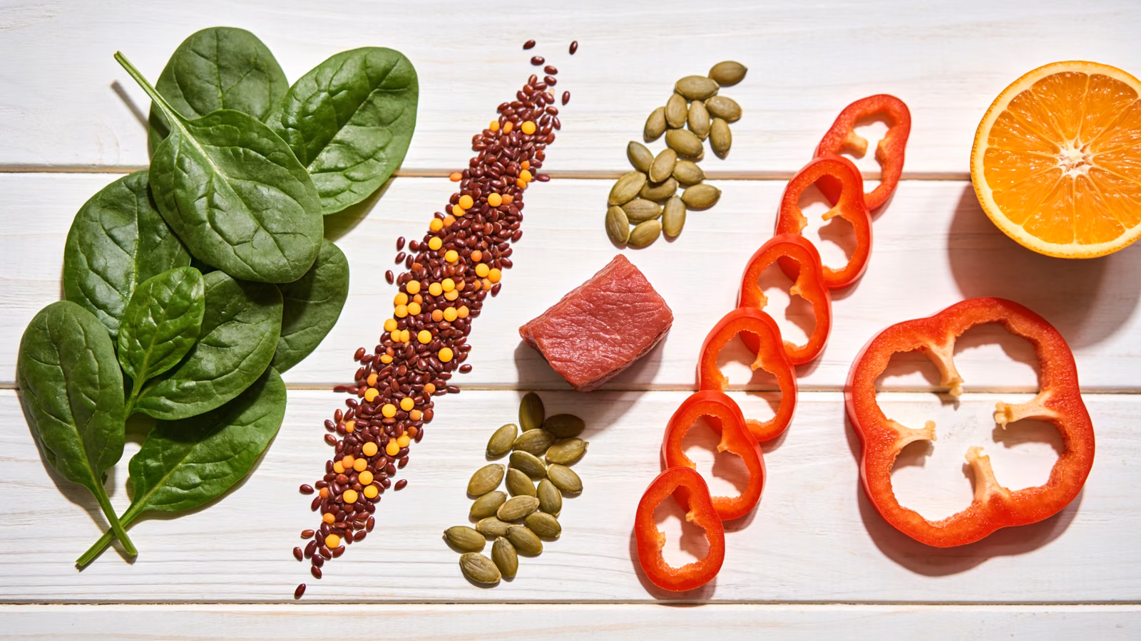 Eisenreiche Lebensmittel mit Vitamin-C-Quellen wie Spinat, Linsen, Paprika und Orange auf hellem Holztisch