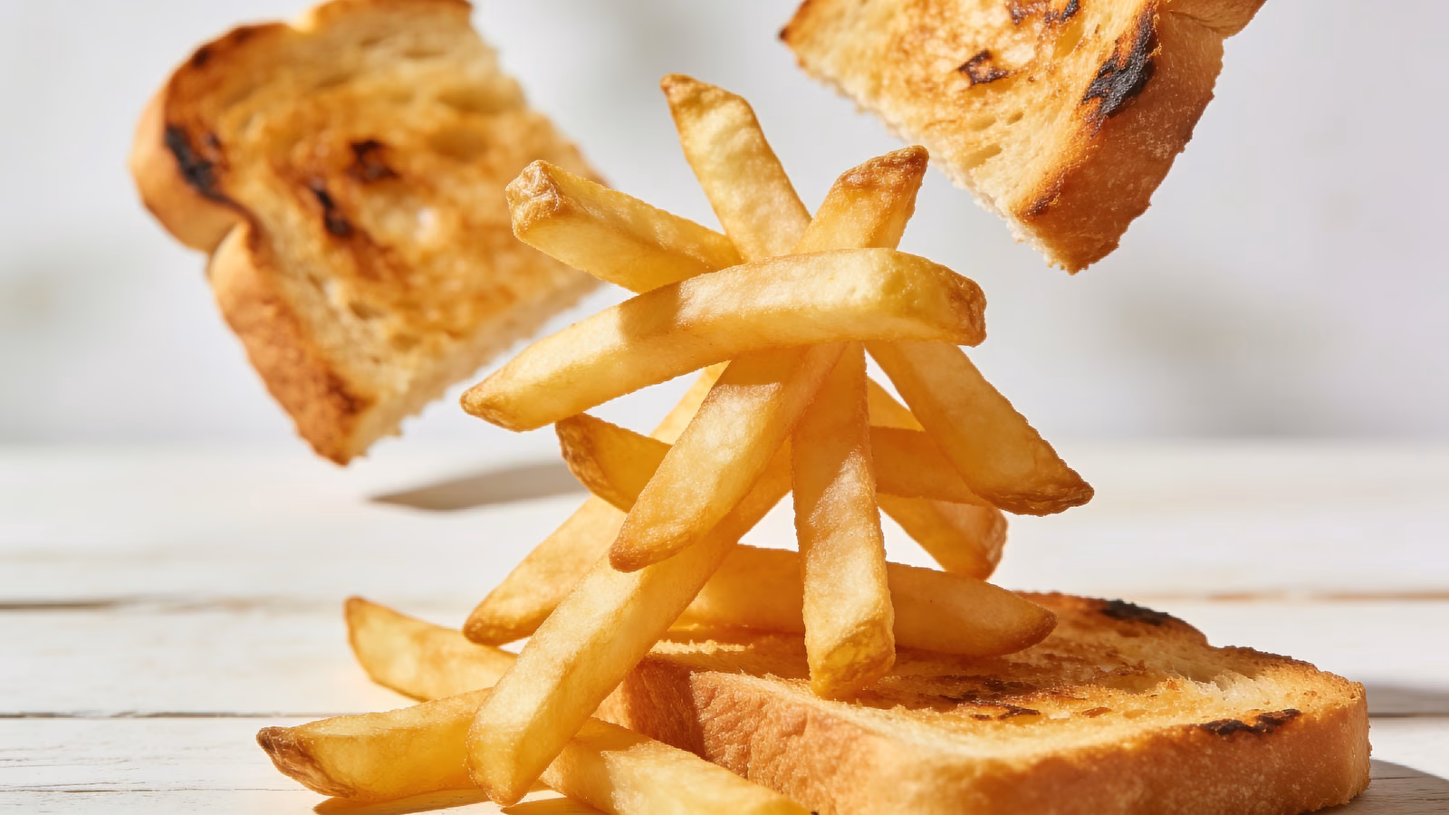 Goldbraune Pommes frites und getoastetes Brot auf hellem Holzuntergrund