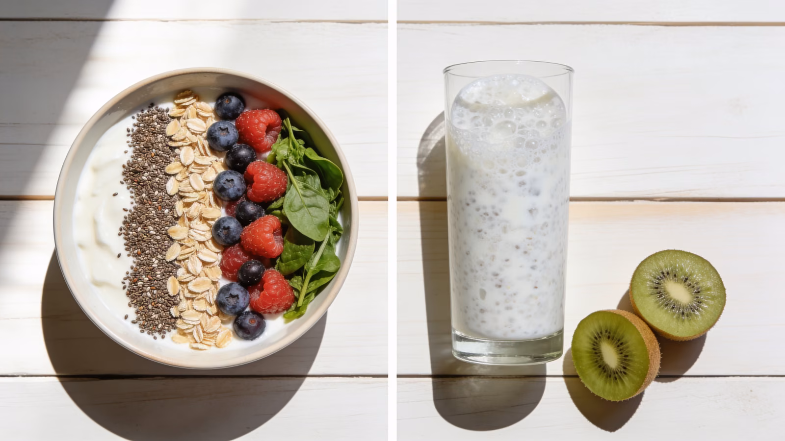 Darmfreundliche Lebensmittel wie Joghurt mit Beeren, Haferflocken, Leinsamen, Kiwi und Kefir auf hellem Holztisch
