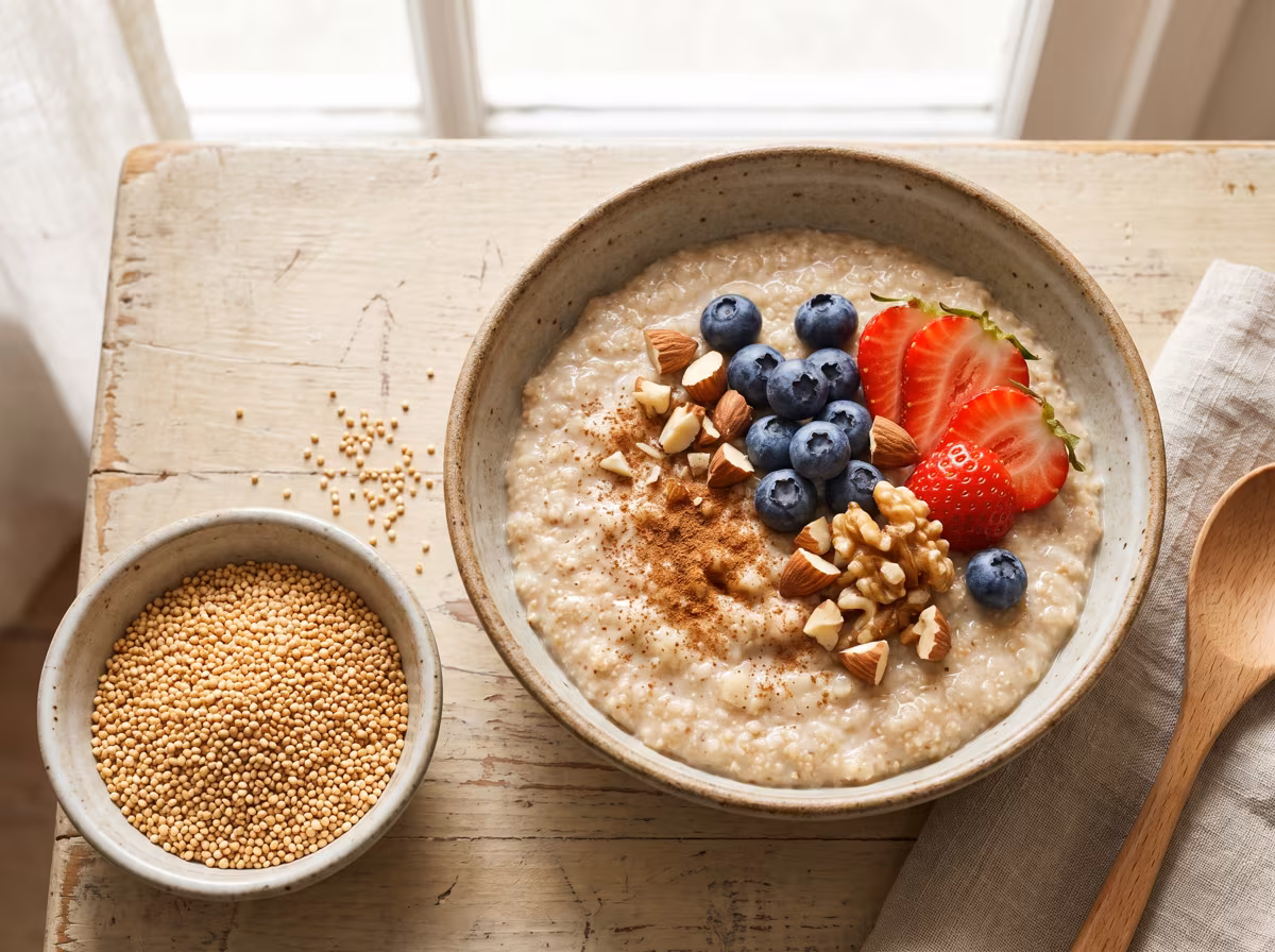 Amaranth-Porridge in einer Schale mit Beeren und Nüssen, daneben gepuffter Amaranth