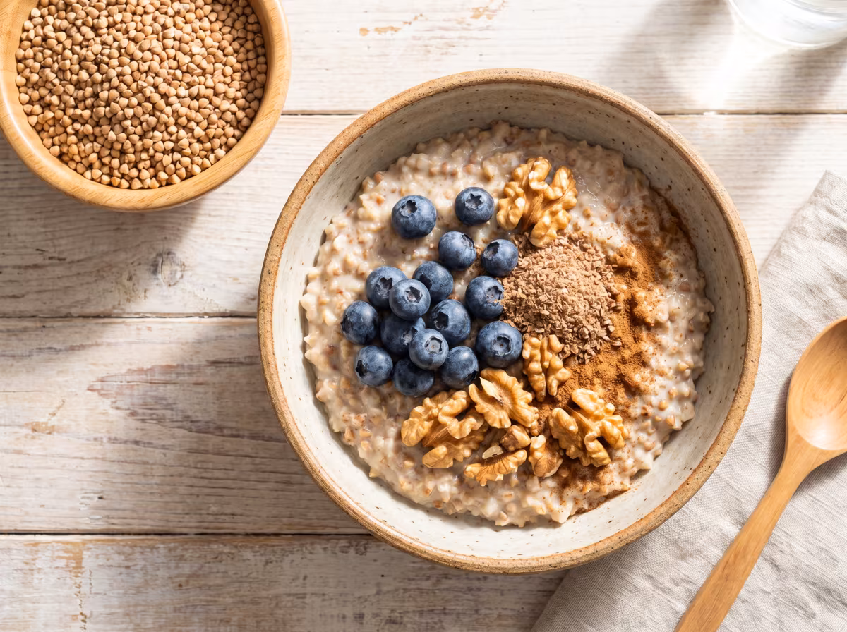 Buchweizen-Porridge in einer Schale mit Blaubeeren, Walnüssen und Zimt, daneben rohe Buchweizenkörner
