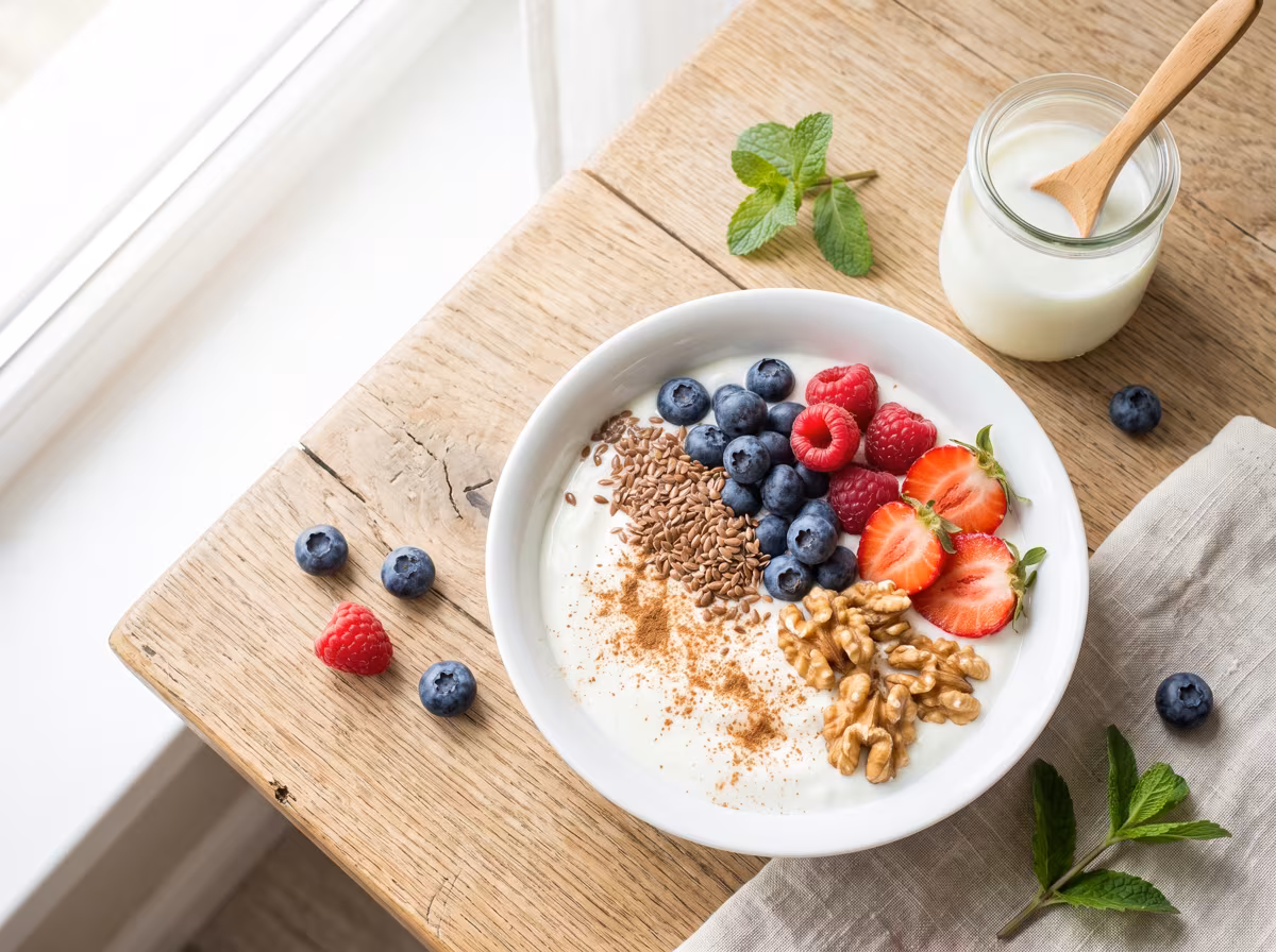 Antientzündliche Frühstücks-Bowl mit Naturjoghurt, frischen Beeren, Leinsamen und Walnüssen