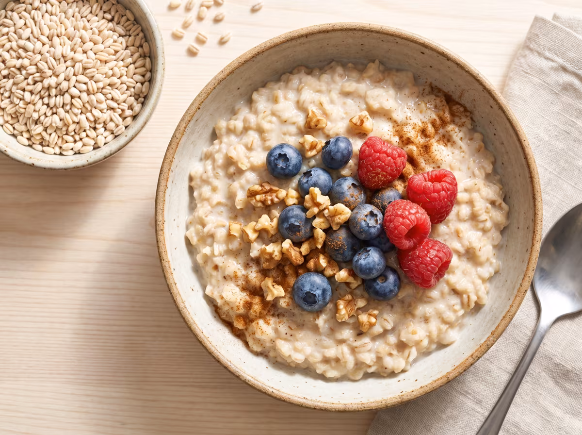 Gerstengraupen-Porridge mit Beeren, Walnüssen und Zimt, daneben rohe Gerstenkörner