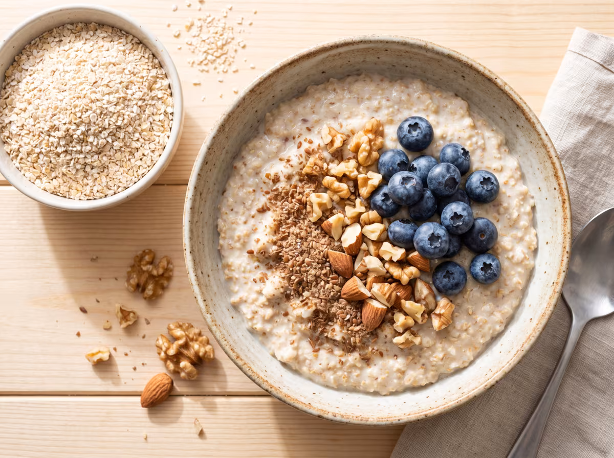 Haferkleie-Porridge in einer Schale mit Blaubeeren, gehackten Nüssen und Leinsamen