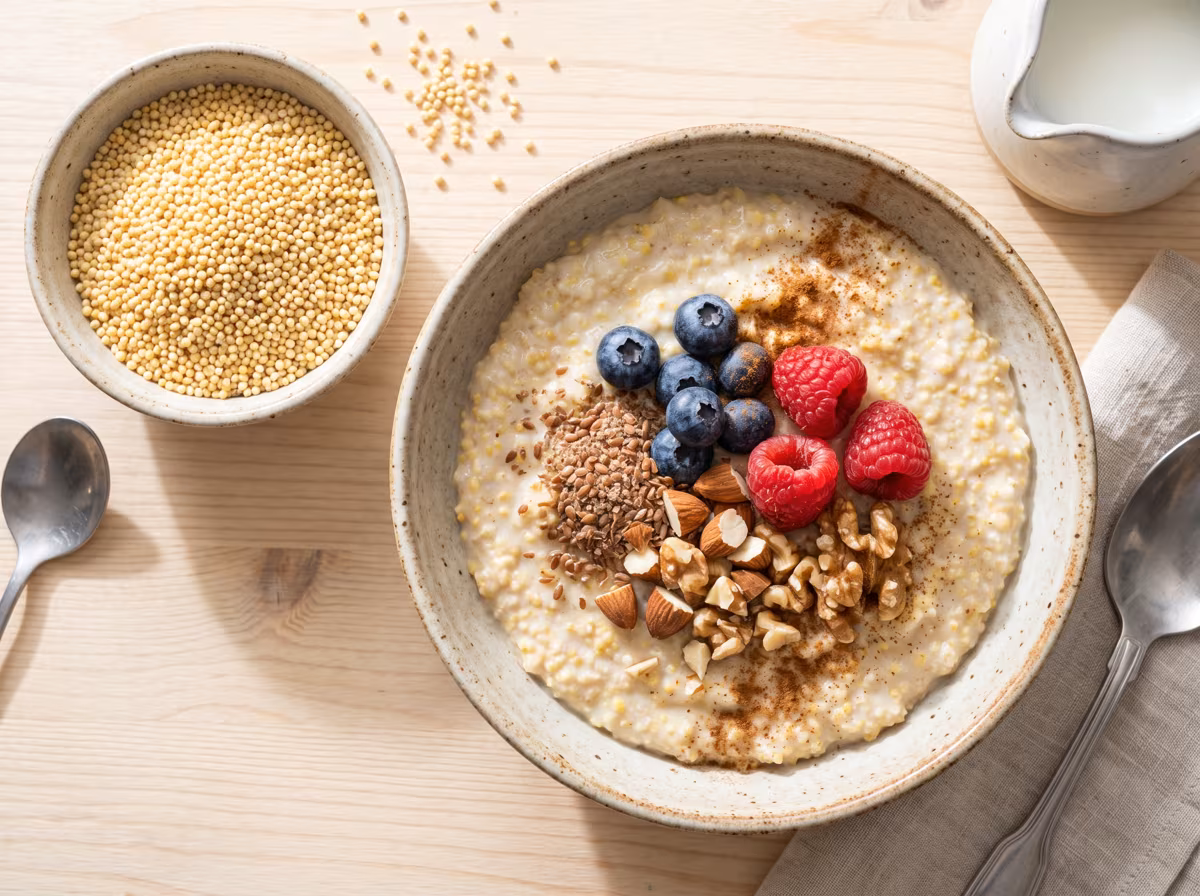 Cremiges Hirse-Porridge mit Beeren, Nüssen und Zimt, daneben eine Schale roher Hirse